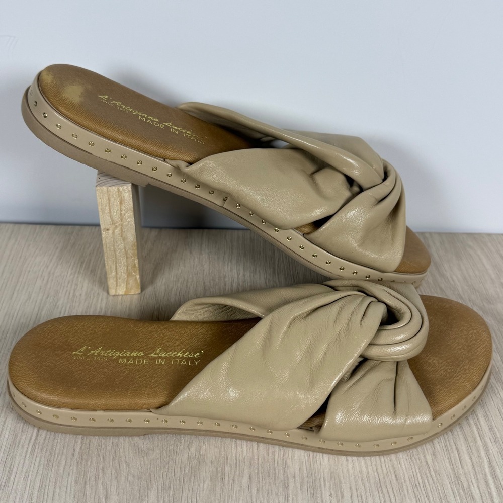 Slide Sandals L'Artigiano Lucchese Womens 8 Beige Leather Knot Studded Italy